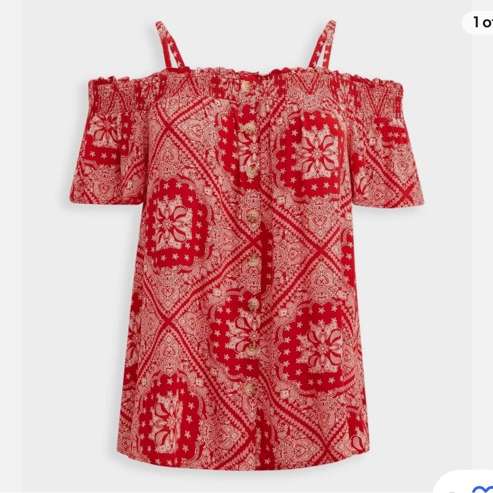 TORRID SIZE 2 2X 18-20 RAYON CREPE SMOCKED COLD SHOULDER BLOUSE RED WHITE